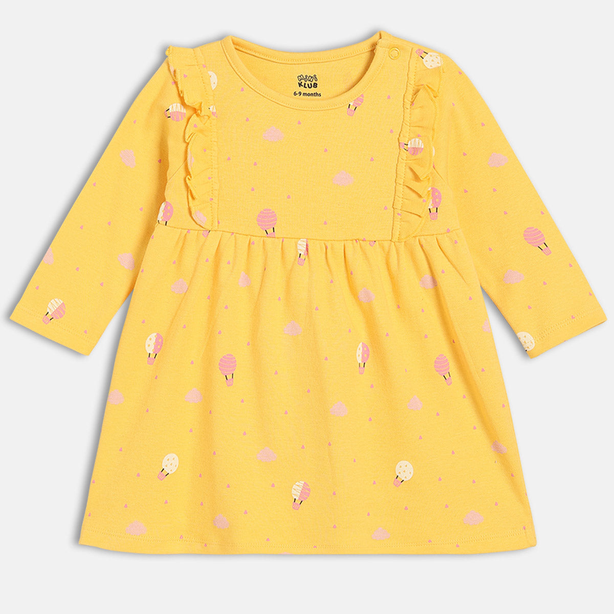 Girls Cotton Pack Of 2 Full Sleeves Floral & Hot Balloon Printed Dress - Yellow & Pink