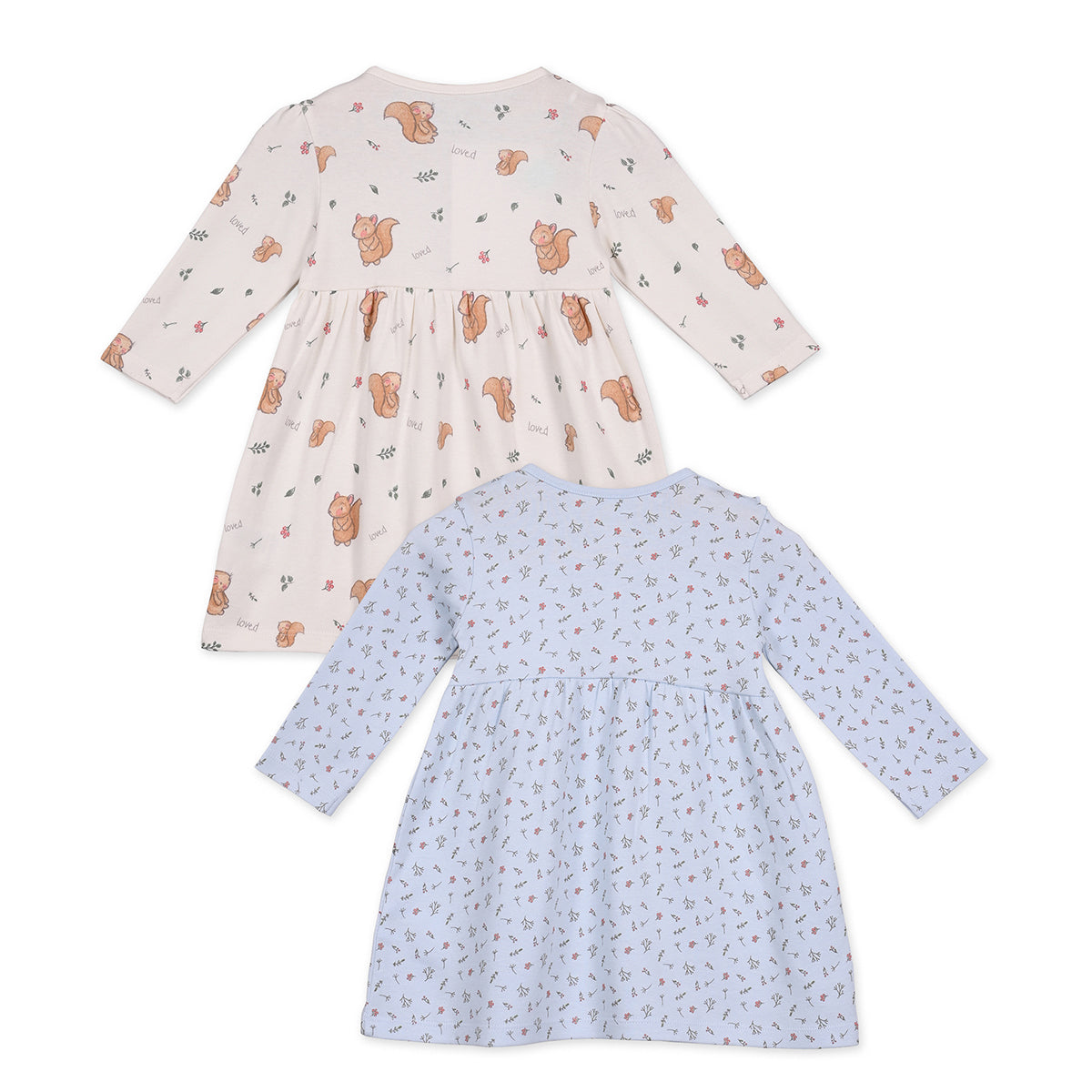 Girls Cotton Pack Of 2 Full Sleeves Animal & Floral Printed Dress - White & Blue