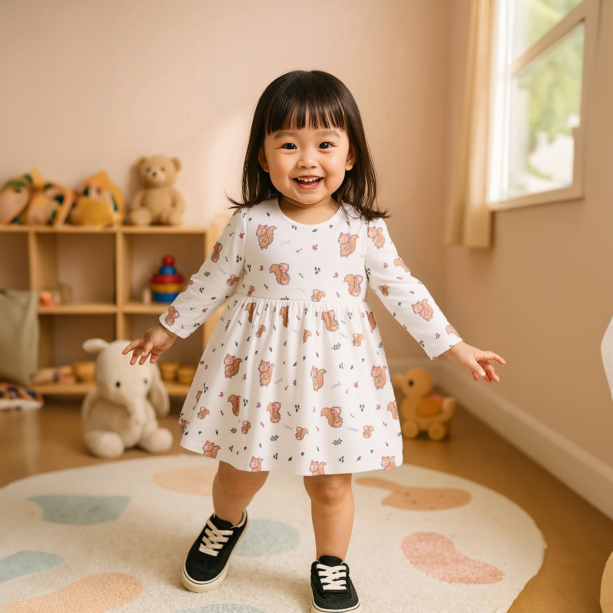 Girls Cotton Pack Of 2 Full Sleeves Animal & Floral Printed Dress - White & Blue