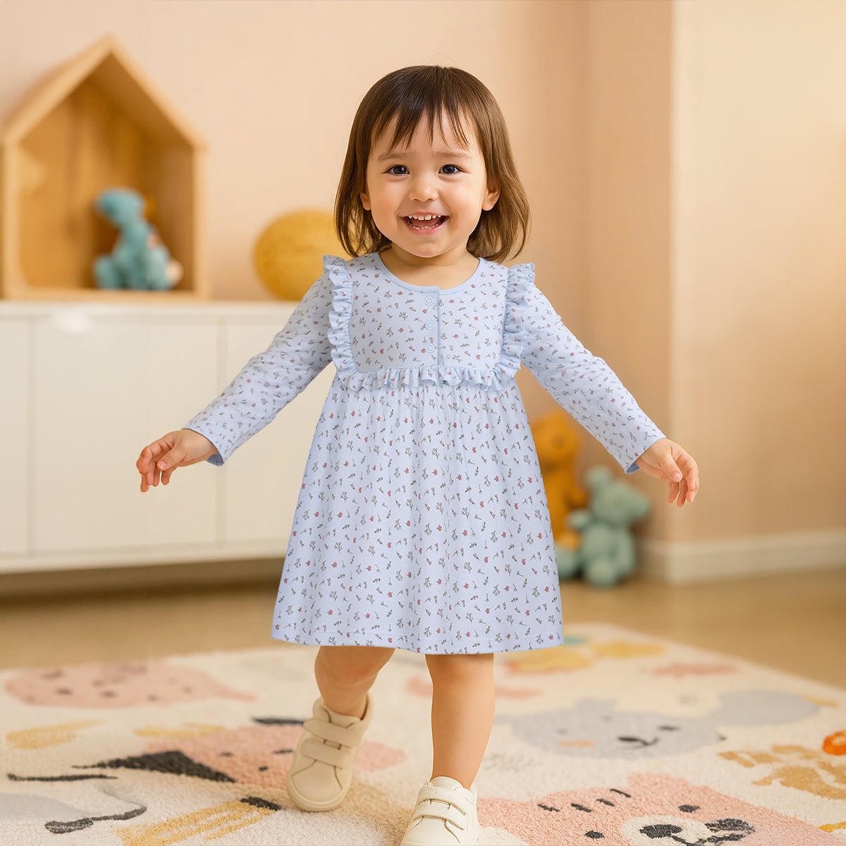 Girls Cotton Pack Of 2 Full Sleeves Animal & Floral Printed Dress - White & Blue