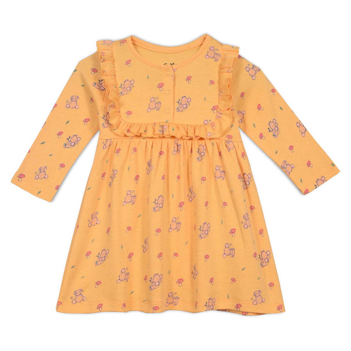 Girls Cotton Pack Of 2 Full Sleeves Animal Printed Dress - Mustard Yellow & Peach