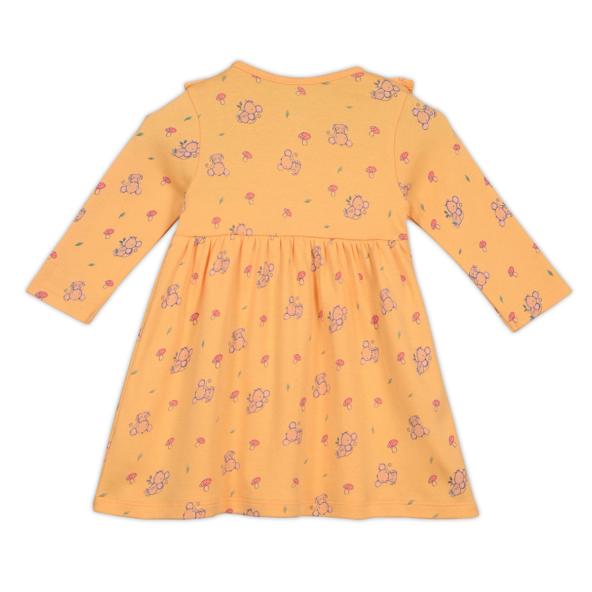 Girls Cotton Pack Of 2 Full Sleeves Animal Printed Dress - Mustard Yellow & Peach