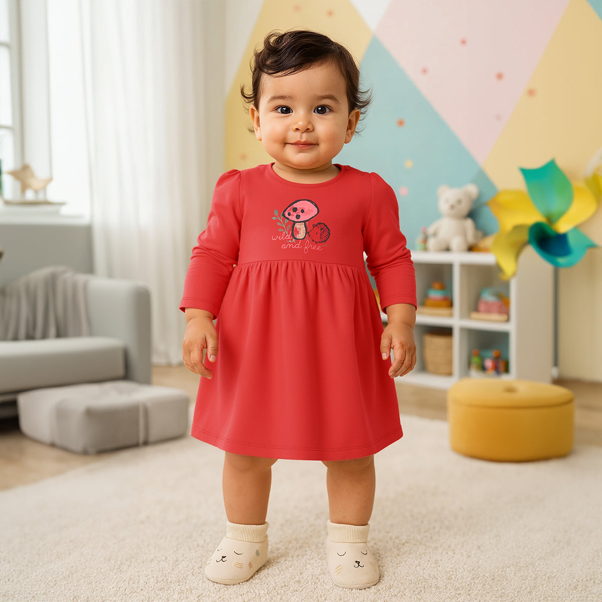 Girls Cotton Pack Of 2 Full Sleeves Animal Printed Dress - Red & Pink