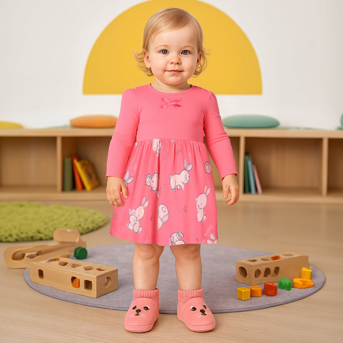 Girls Cotton Pack Of 2 Full Sleeves Animal Printed Dress - Red & Pink