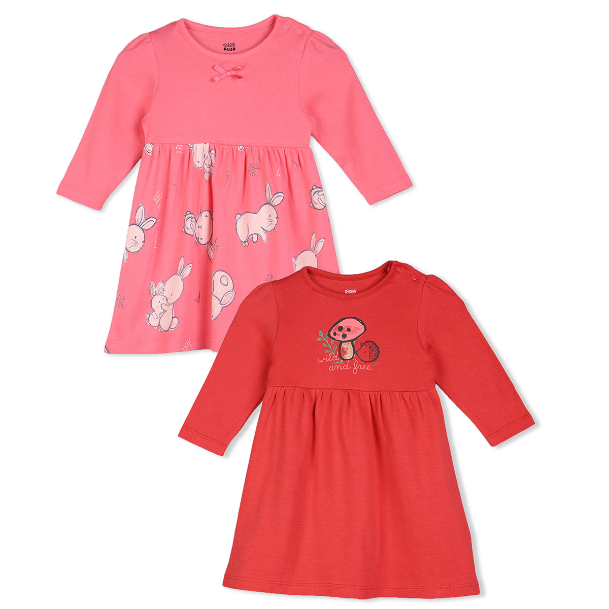 Girls Cotton Pack Of 2 Full Sleeves Animal Printed Dress - Red & Pink