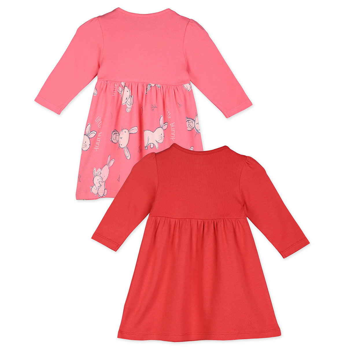 Girls Cotton Pack Of 2 Full Sleeves Animal Printed Dress - Red & Pink