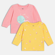 Girls Cotton Pack Of 2 Full Sleeves Text Printed Top - Yellow & Pink