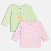 Girls Cotton Pack Of 2 Full Sleeves Text & Planet Printed Tops - Green & Pink