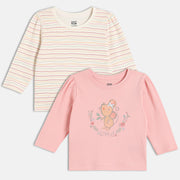 Girls Cotton Pack Of 2 Full Sleeves Floral Printed & Striped Knit Tops - Pink & White