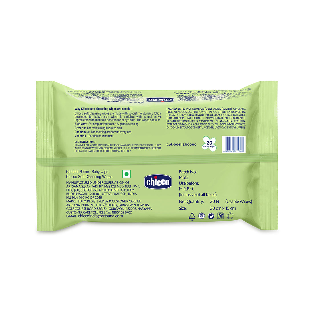 Chicco Baby Moments Soft Cleansing Wipes without Flip Cover 20 Wipes