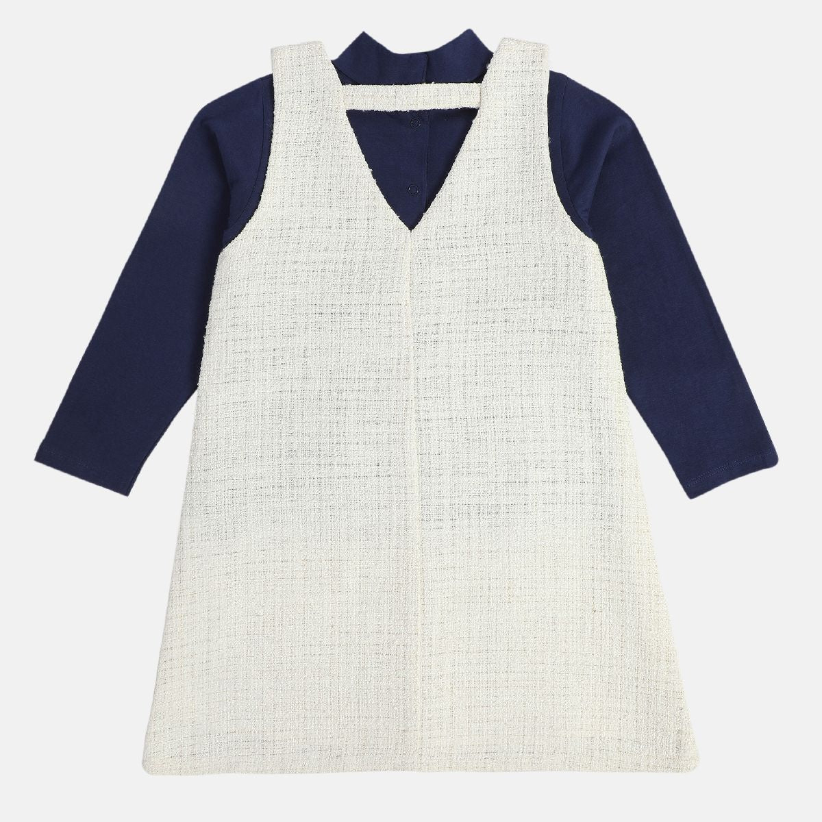 Girls Cotton Full Sleeves Self design Pinny Set - White & Dark blue