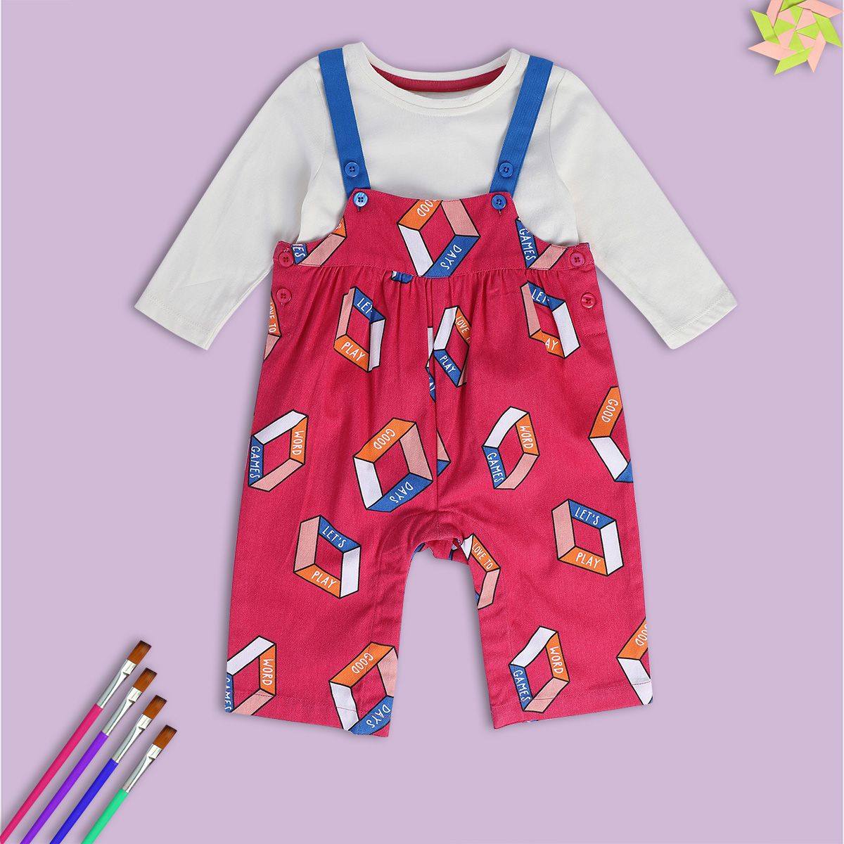 Girls Pink Pack Of 2 Dungaree Set