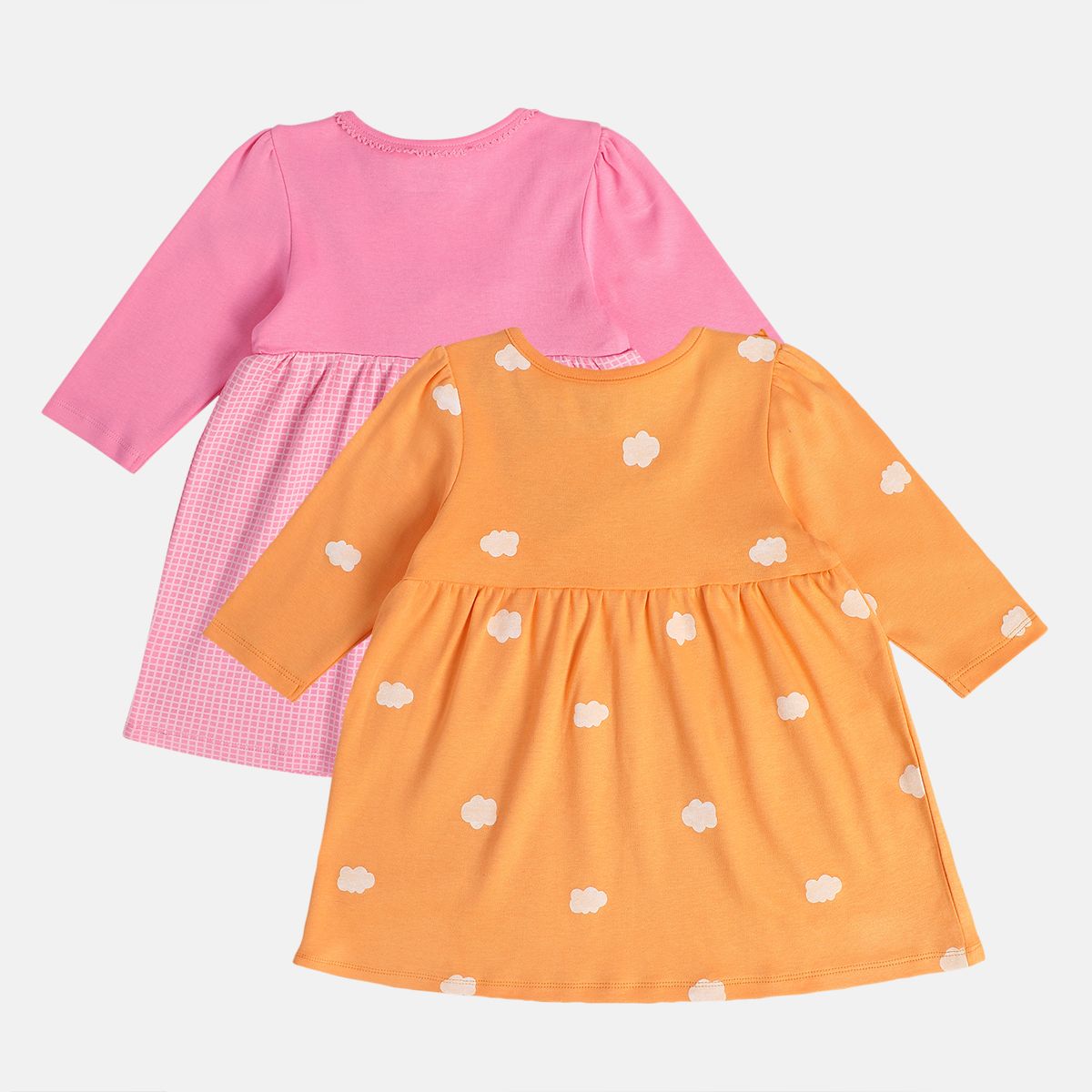 Girls Minklub Cotton Pack Of 2 Full Sleeves Checks & Clouds Printed Dress - Pink & Orange