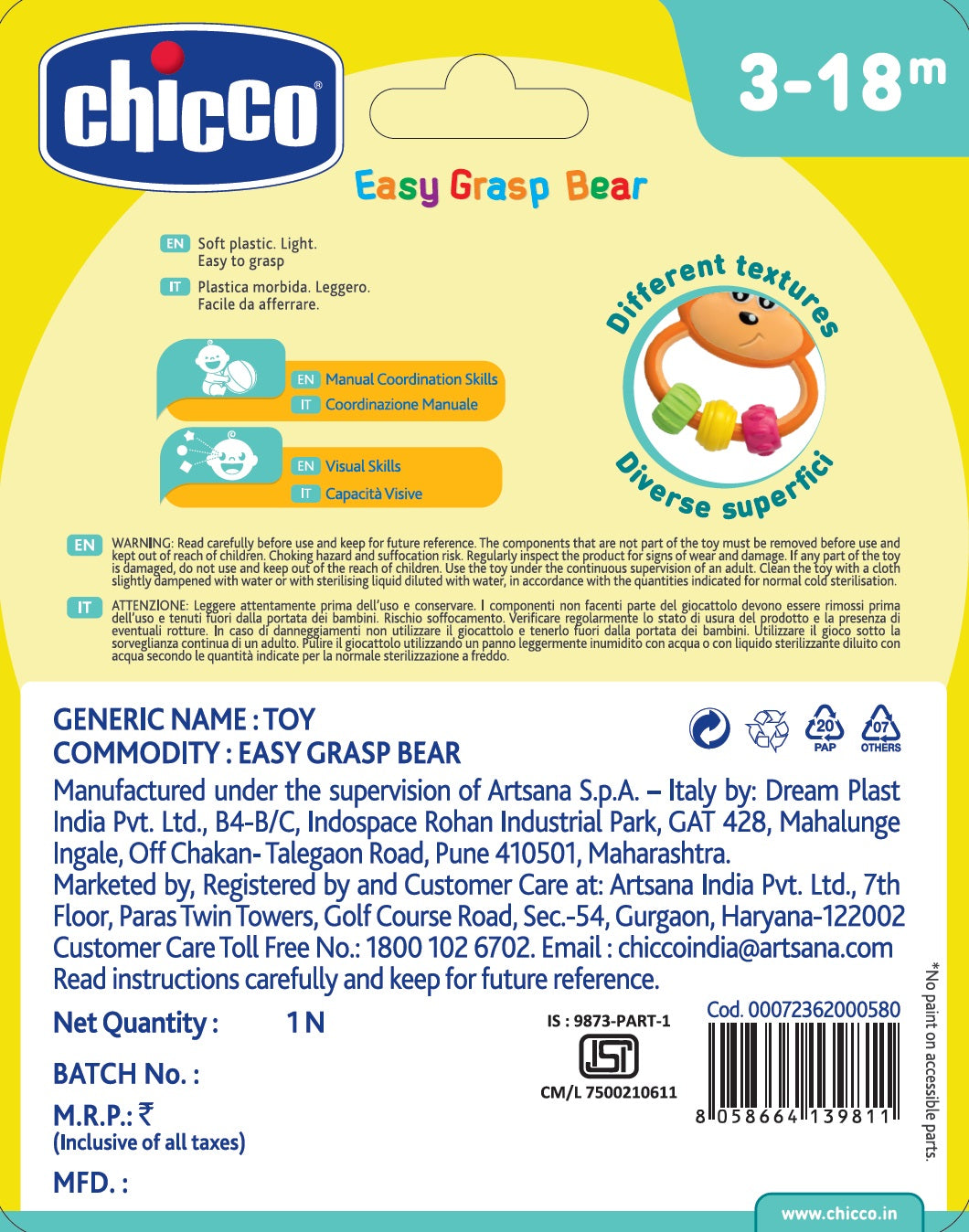 Chicco Toy Bs Easy Grasp Bear