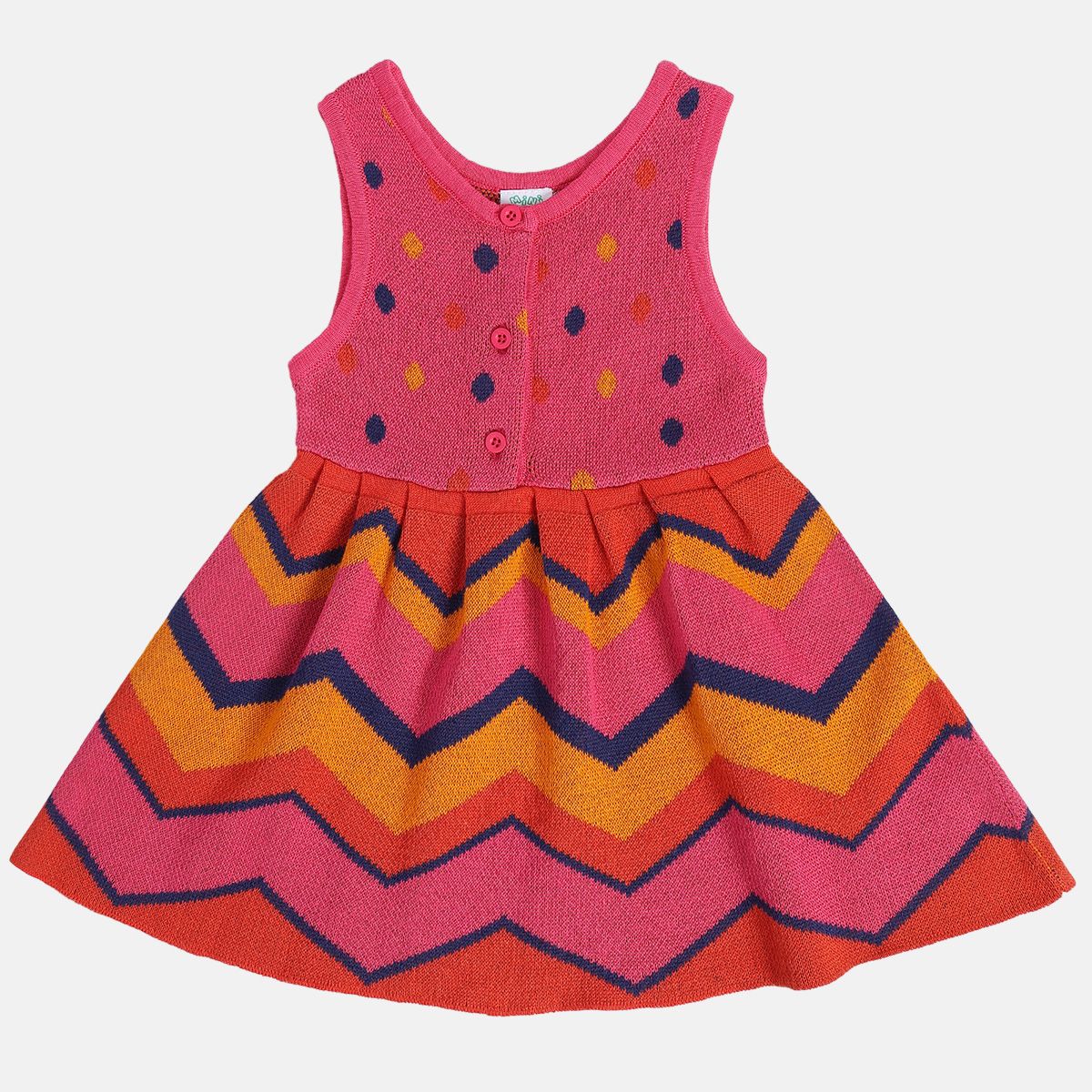 Girls Cotton Full Sleeves Geometric Self Design Pinny Set - Pink & Navy Blue