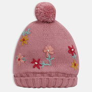 Girls Floral Embroidered  Pom-Pom Knitted Beanie -Pink