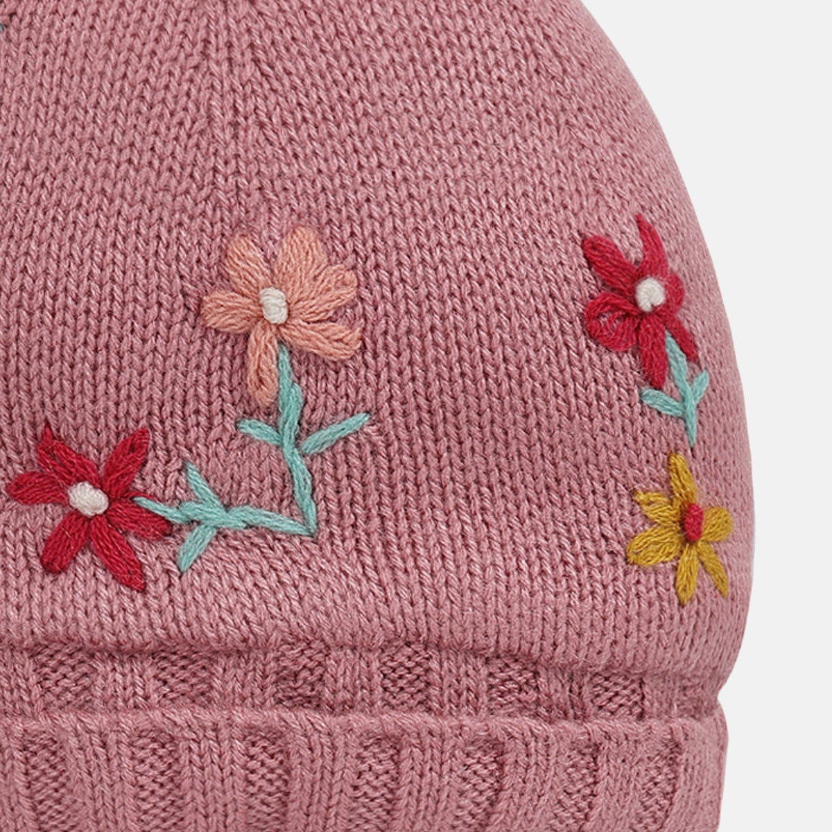 Girls Floral Embroidered  Pom-Pom Knitted Beanie -Pink