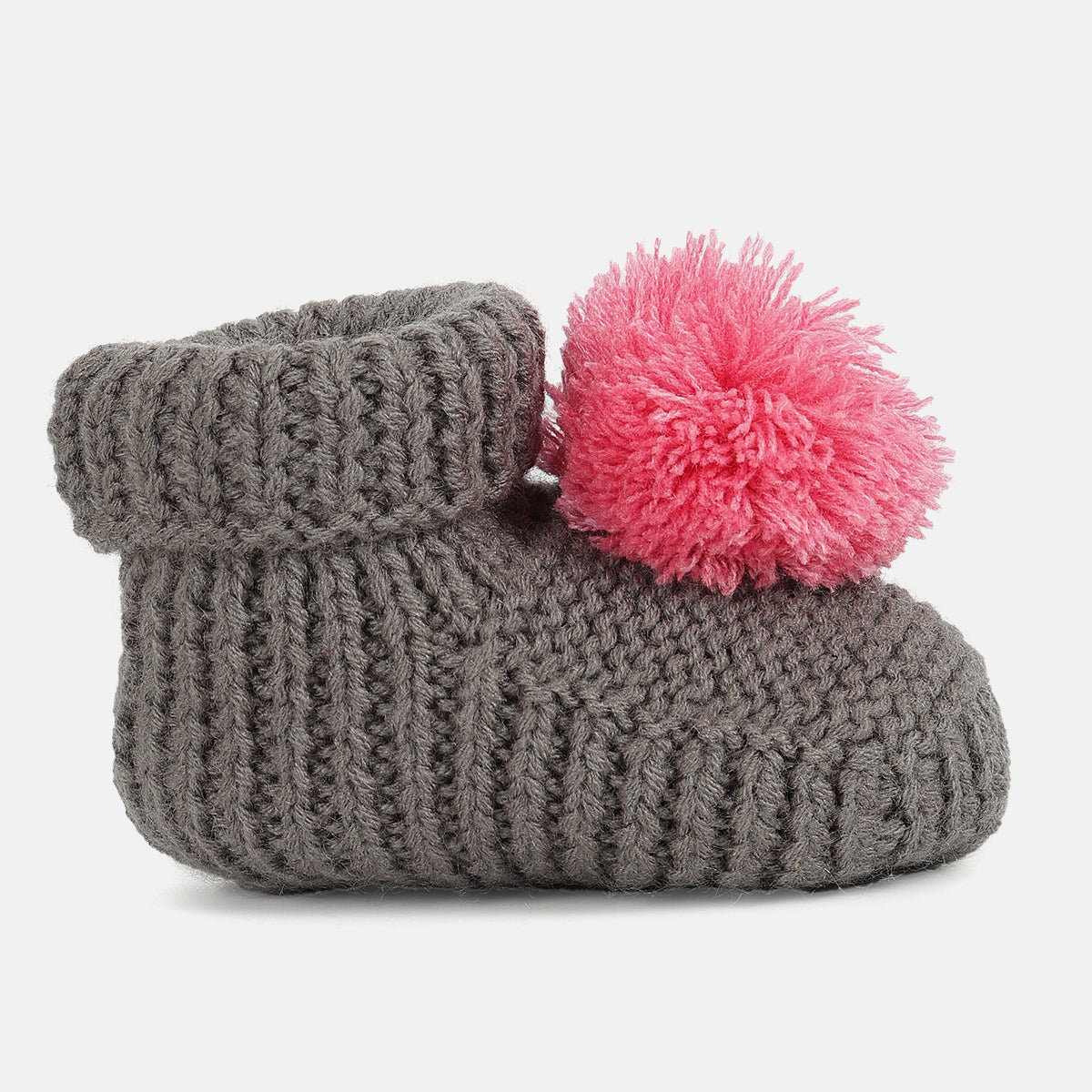 Unisex Knitted Booties with Pink Pom-Pom  – Grey