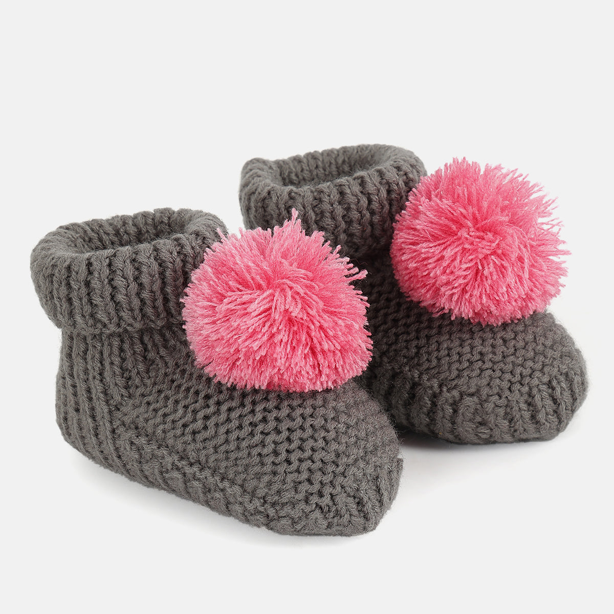 Unisex Knitted Booties with Pink Pom-Pom  – Grey