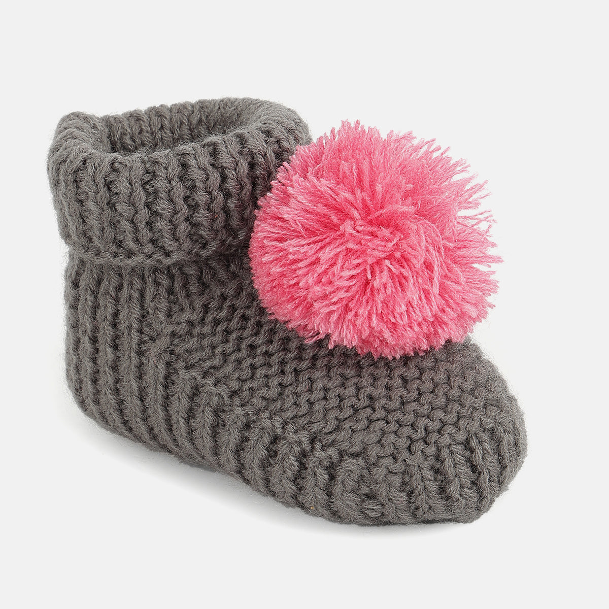 Unisex Knitted Booties with Pink Pom-Pom  – Grey