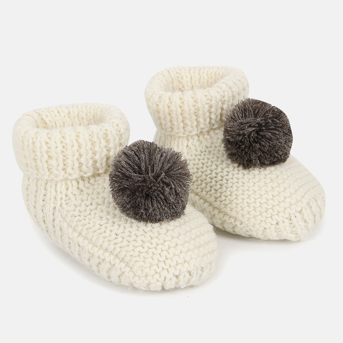 Unisex Knitted Booties with Pom-Pom Detail – Cream