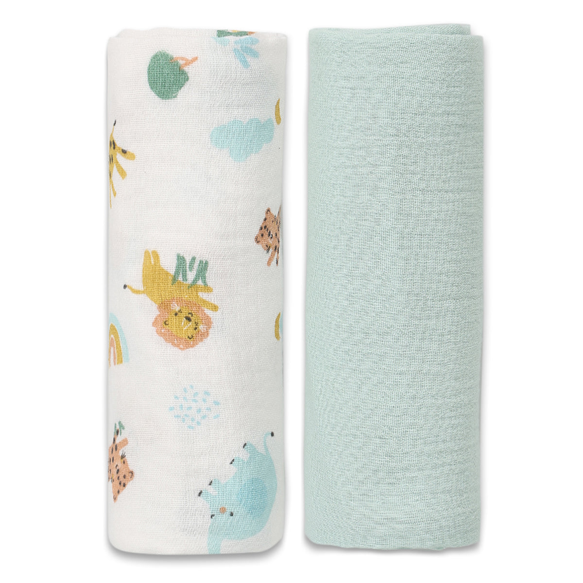 Baby Unisex Pack of 2 Solid & Animal Printed Muslins, Multicolour