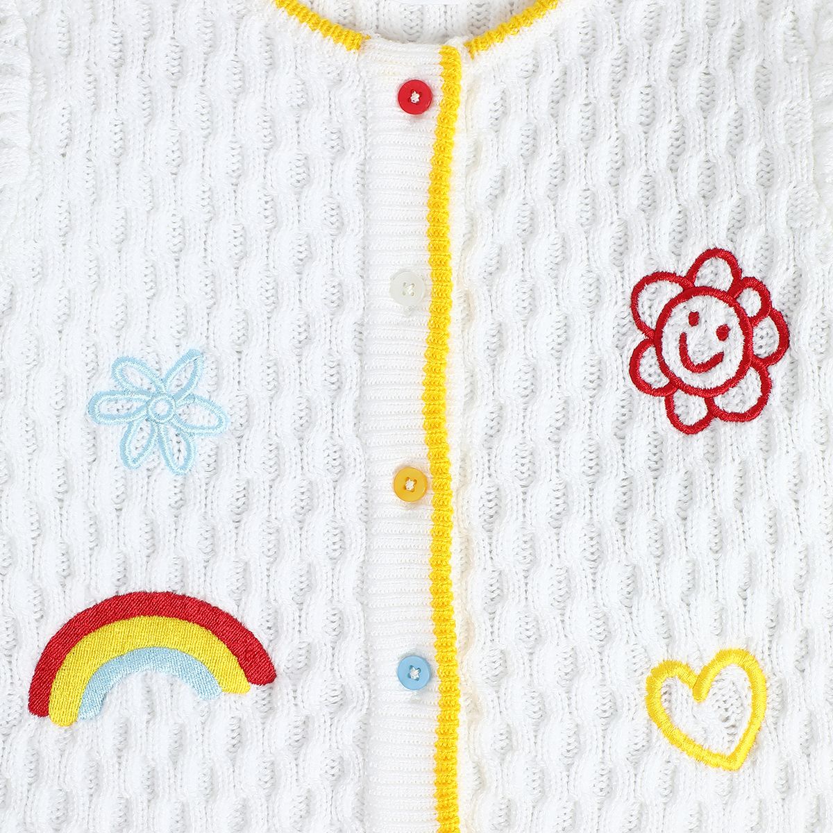 Girls Cottton Full Sleeves Conversational embroidered Sweater - White