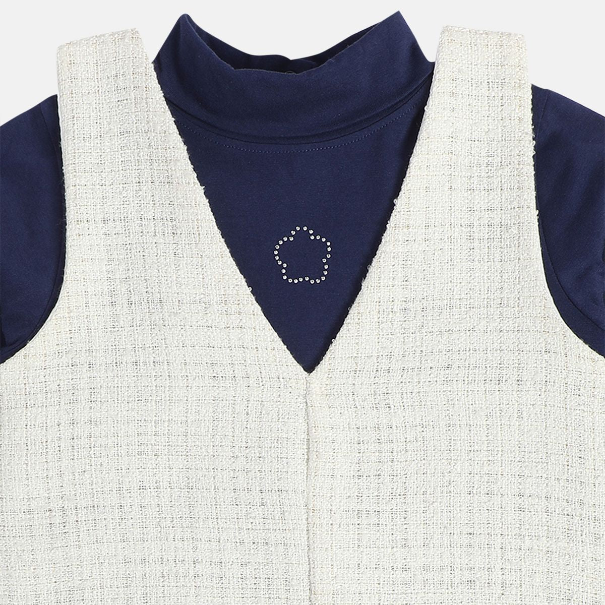 Girls Cotton Full Sleeves Self design Pinny Set - White & Dark blue