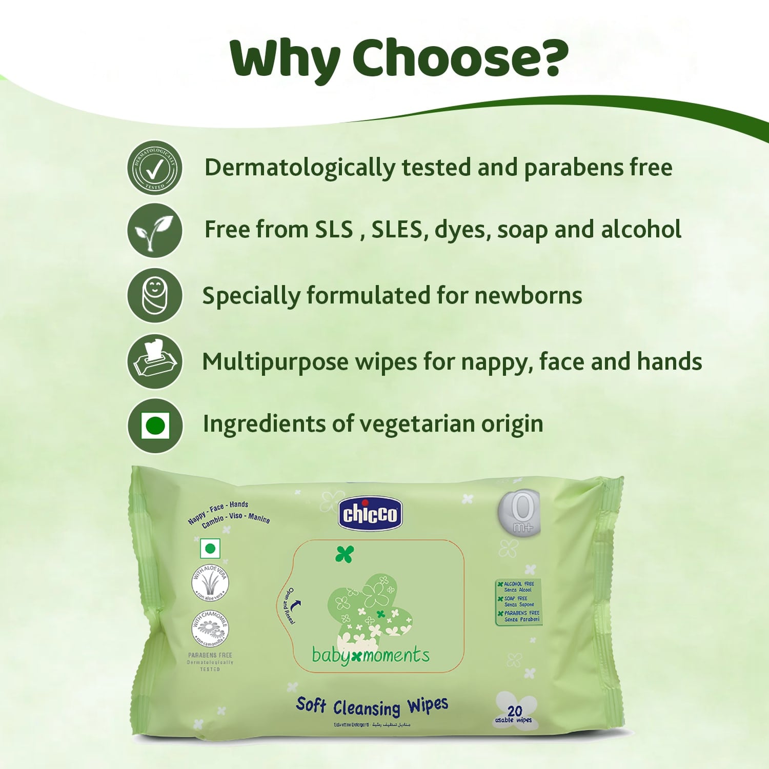 Chicco Baby Moments Soft Cleansing Wipes without Flip Cover 20 Wipes