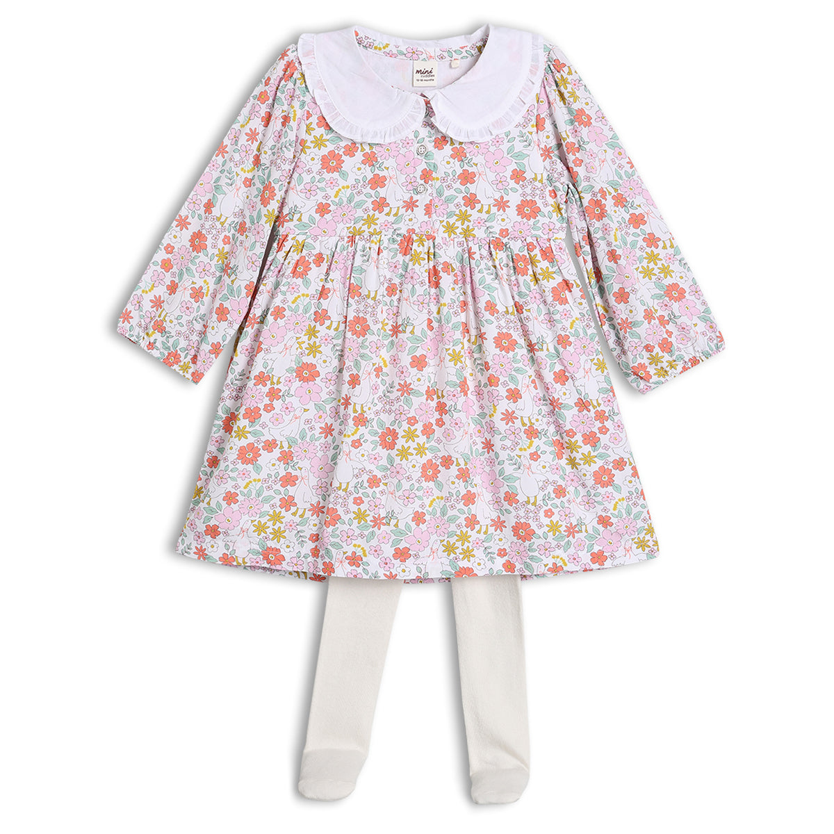 Baby Girls Peter Pan Collar Floral Printed Dress with Tights, Multicolour