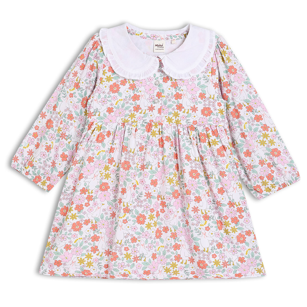 Baby Girls Peter Pan Collar Floral Printed Dress with Tights, Multicolour