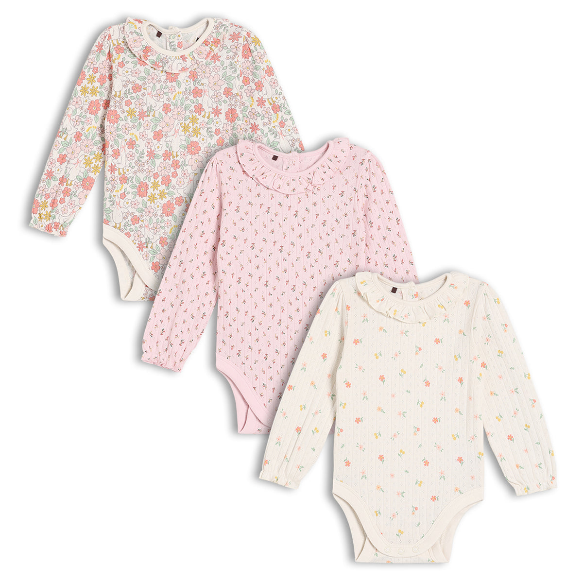 Baby Girls Pack of 3 Floral Printed Bodysuits, Multicolour