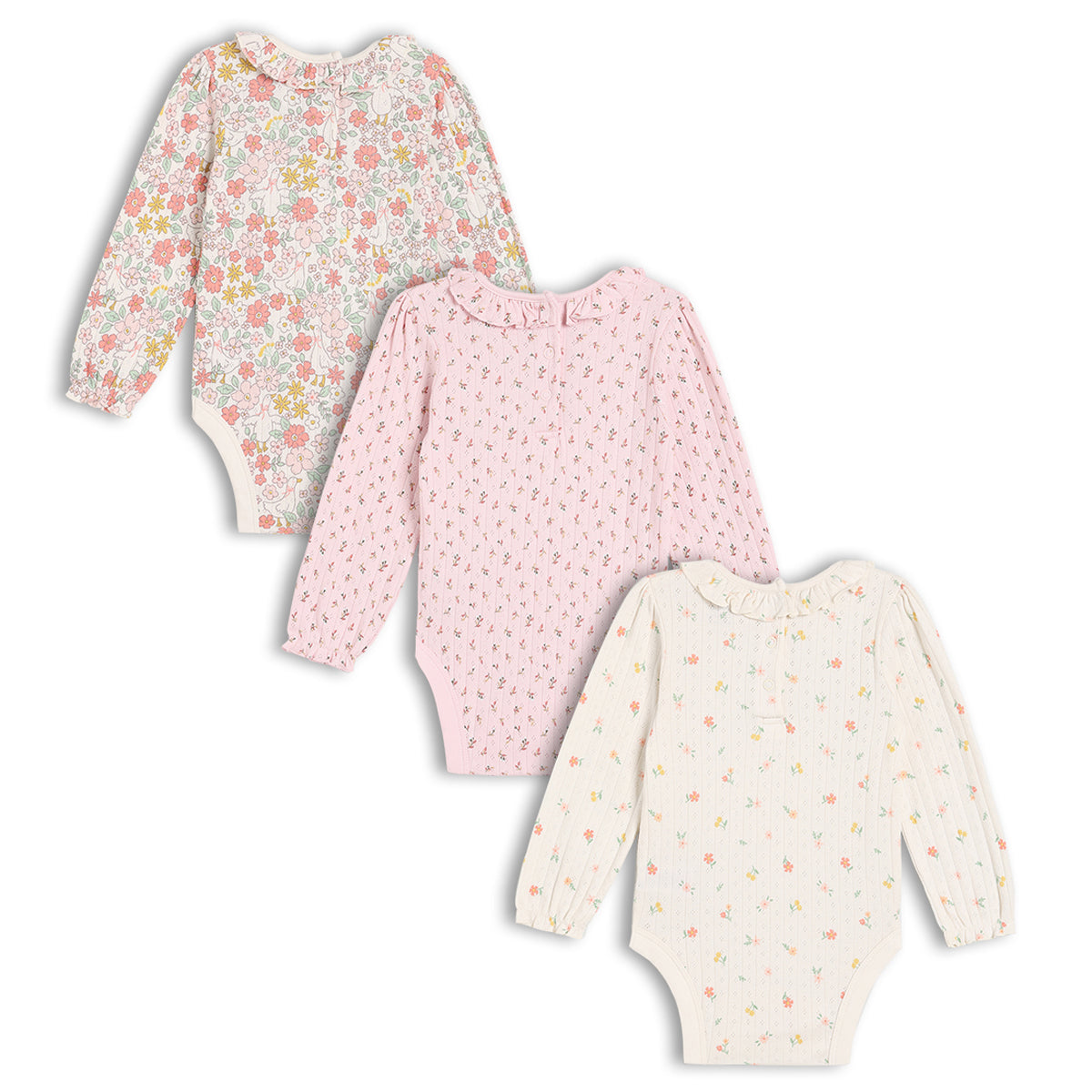 Baby Girls Pack of 3 Floral Printed Bodysuits, Multicolour
