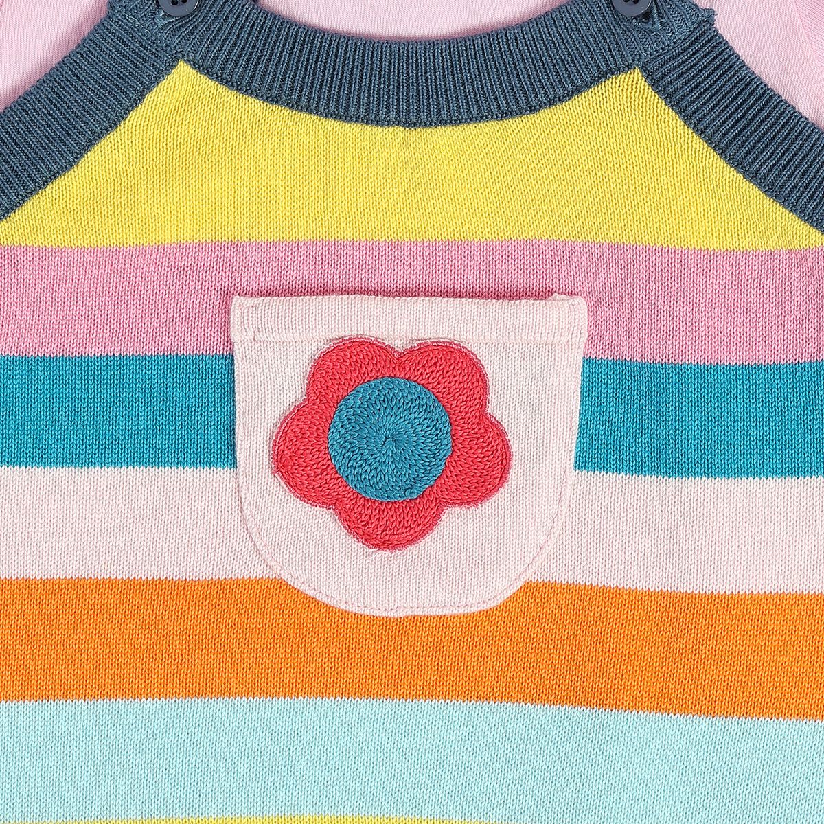 Girls Cotton Full Sleeves Striped Pinny Set - Pink & Blue