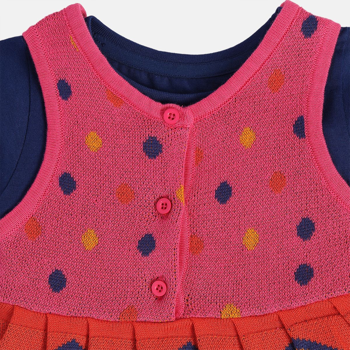 Girls Cotton Full Sleeves Geometric Self Design Pinny Set - Pink & Navy Blue