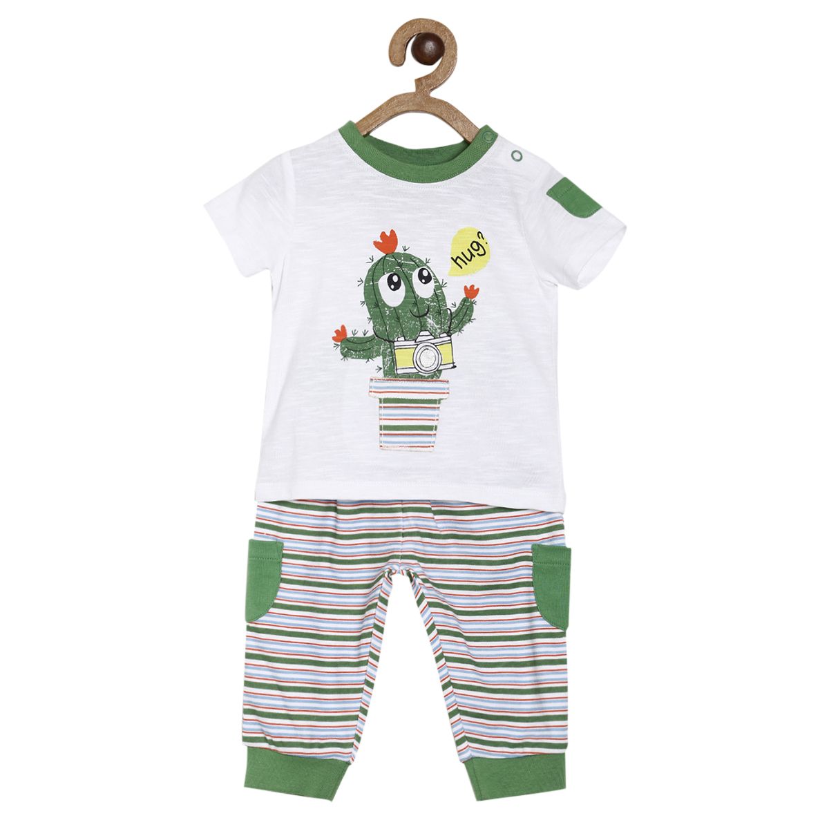 Pack of 2 t-shirt and bottom set - white & green for 0-3 Months