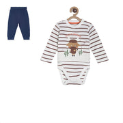 Pack of 2 bodysuit & knit bottom - white & dark blue for New Born