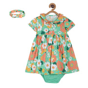 Pack of 3 dress + bloomer + head band set - mint green & light brown for 0-3 Months