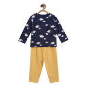 Pack of 2 t-shirt and knit bottom - navy blue & golden brown for 0-3 Months