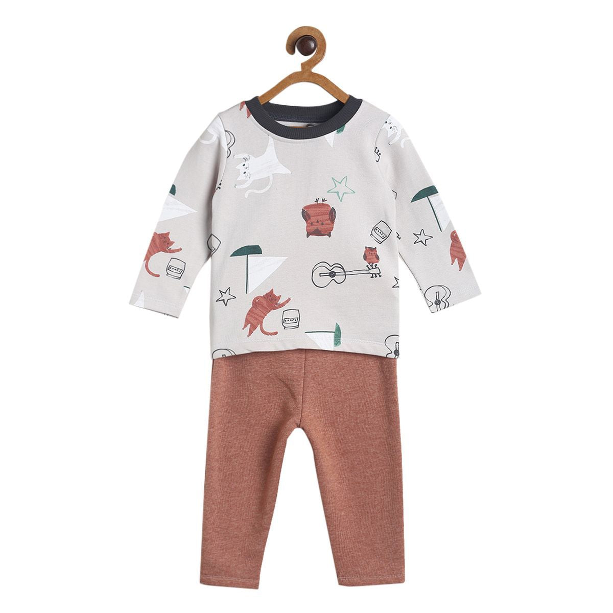 Pack of 2 t-shirt and knit bottom - light grey & brown for 0-3 Months
