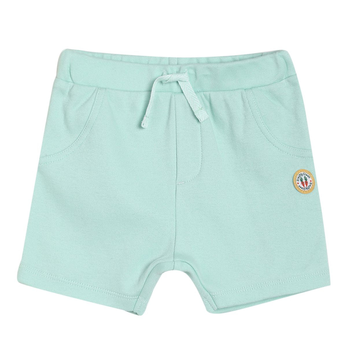 Blue Bodysuit With Growing Own Veg Graphic Paired With Pastel Green Knit Shorts