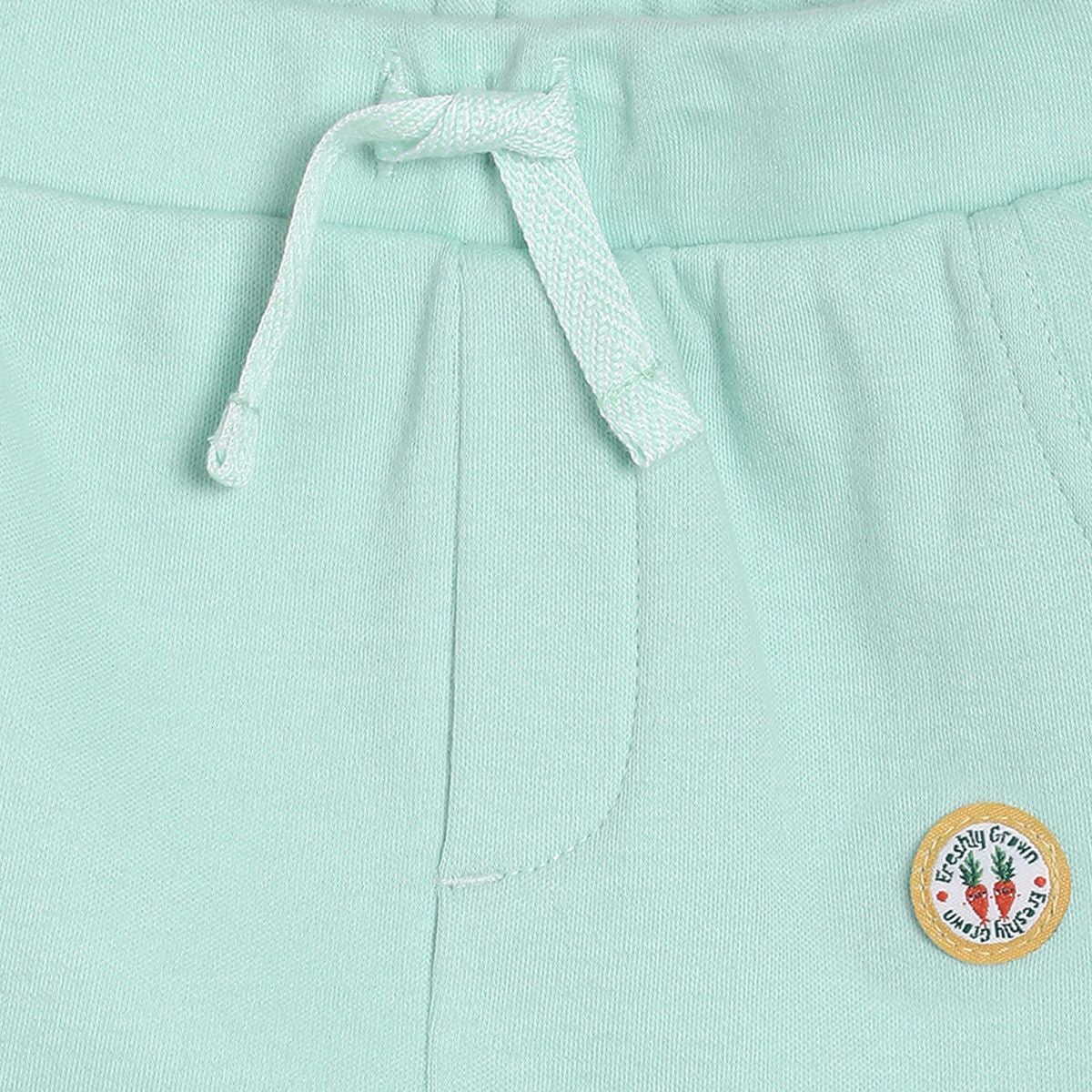 Blue Bodysuit With Growing Own Veg Graphic Paired With Pastel Green Knit Shorts