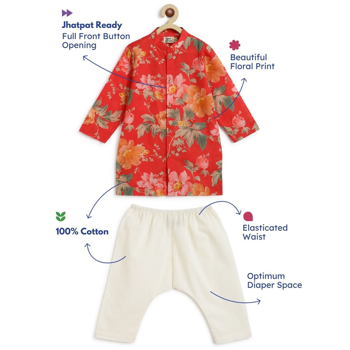Tiber Taber Blossom Bliss Kurta Pyjama Set - Red