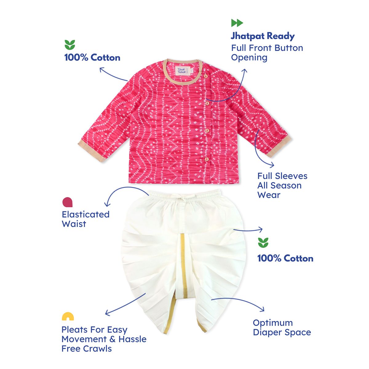 Tiber Taber Bandhani Pink Prince Dhoti Set