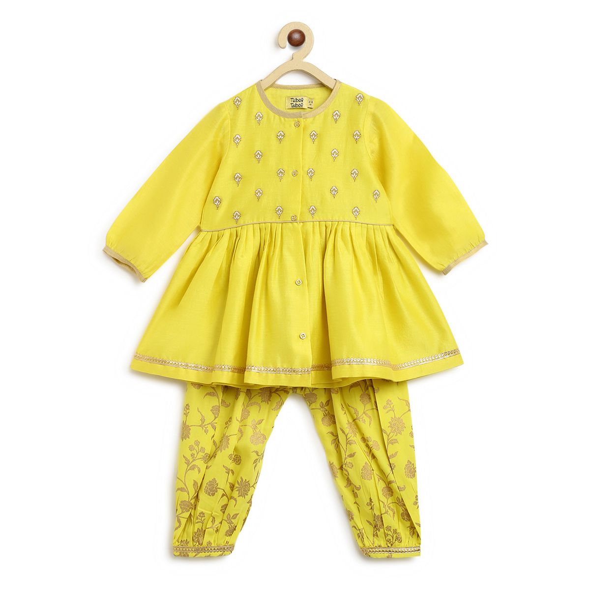 Tiber Taber Sadabahar Silk Suit Set Embroidered - Yellow
