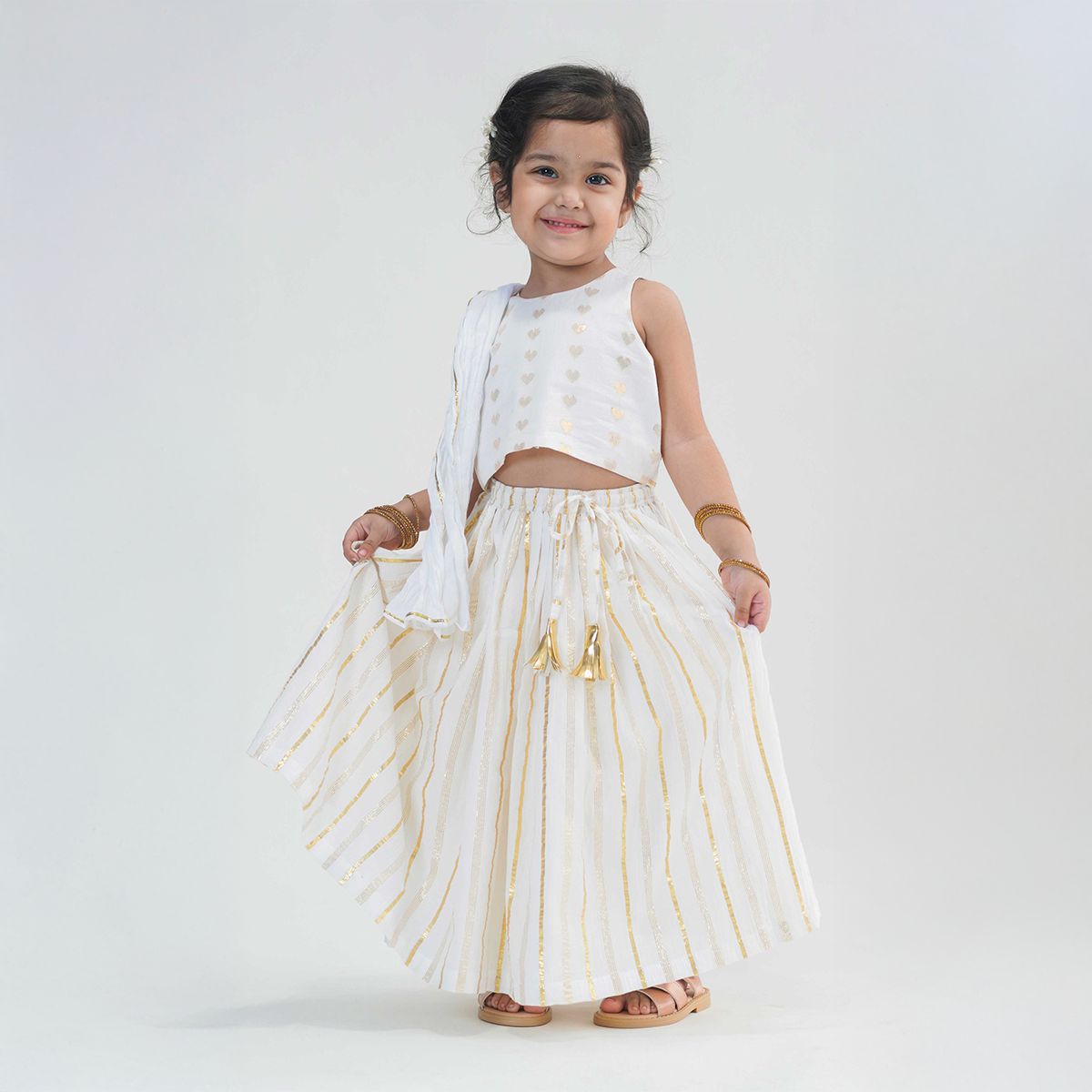 Tiber Taber Girl Golden Hearts Lehenga Choli Set-White