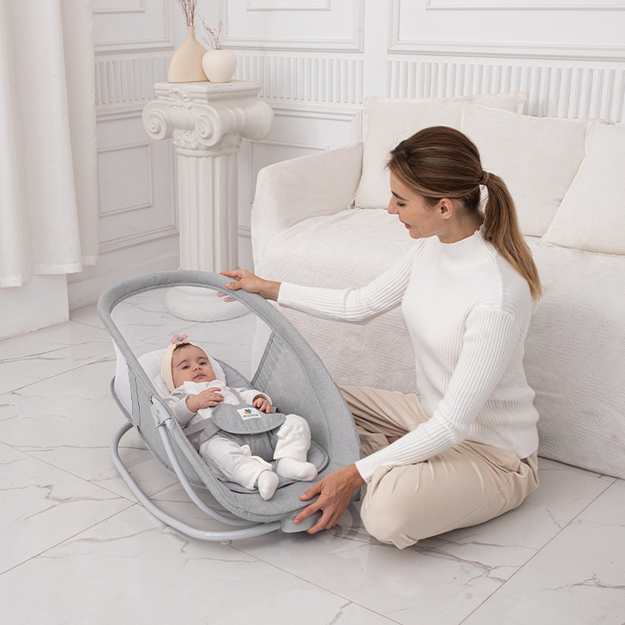 Mastela Grey Electric Baby Rocker and Bouncer with Music, Mosquito Net and Canopy for Infants