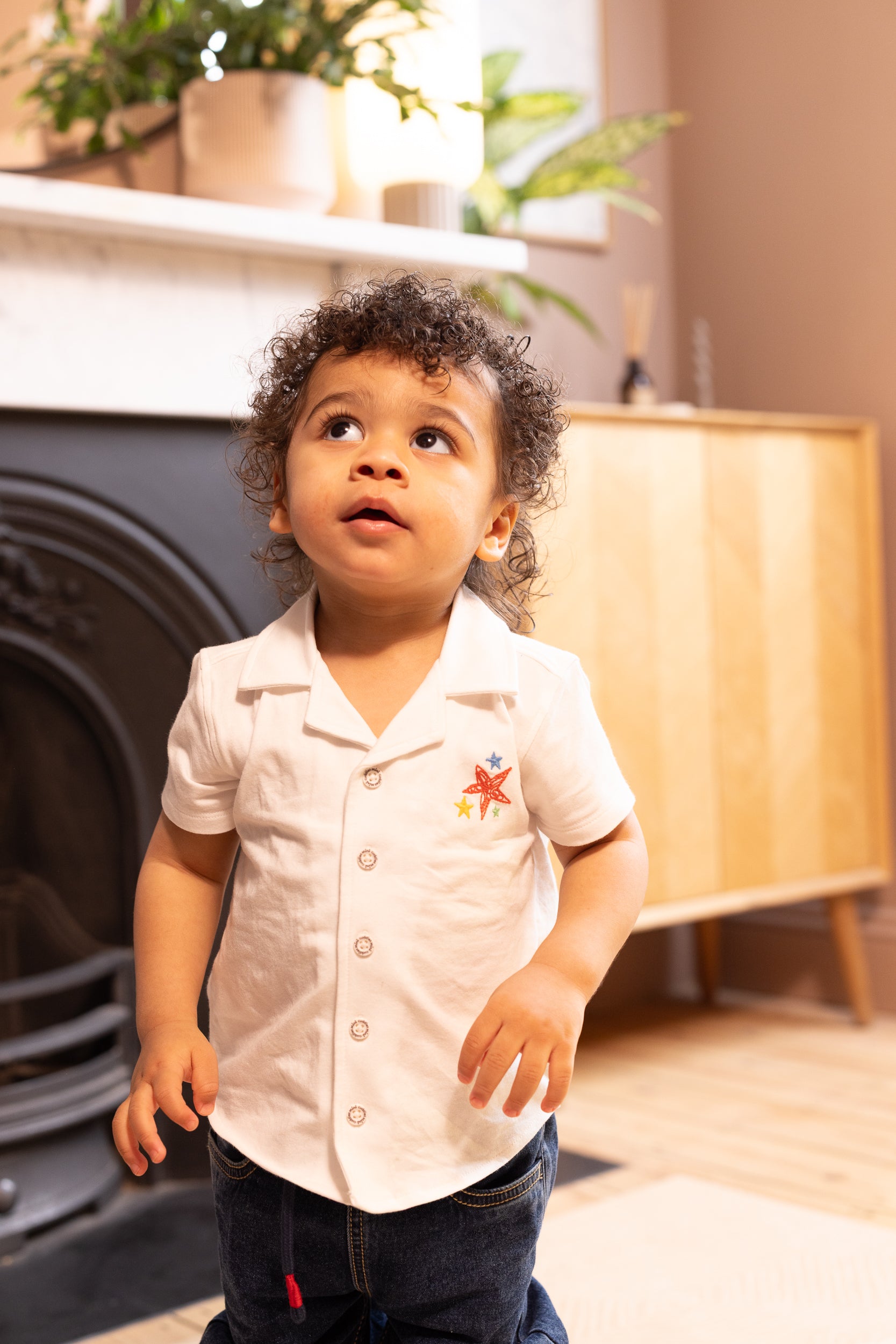 Baby Boys Solid Shirt with Star Embroidery, White