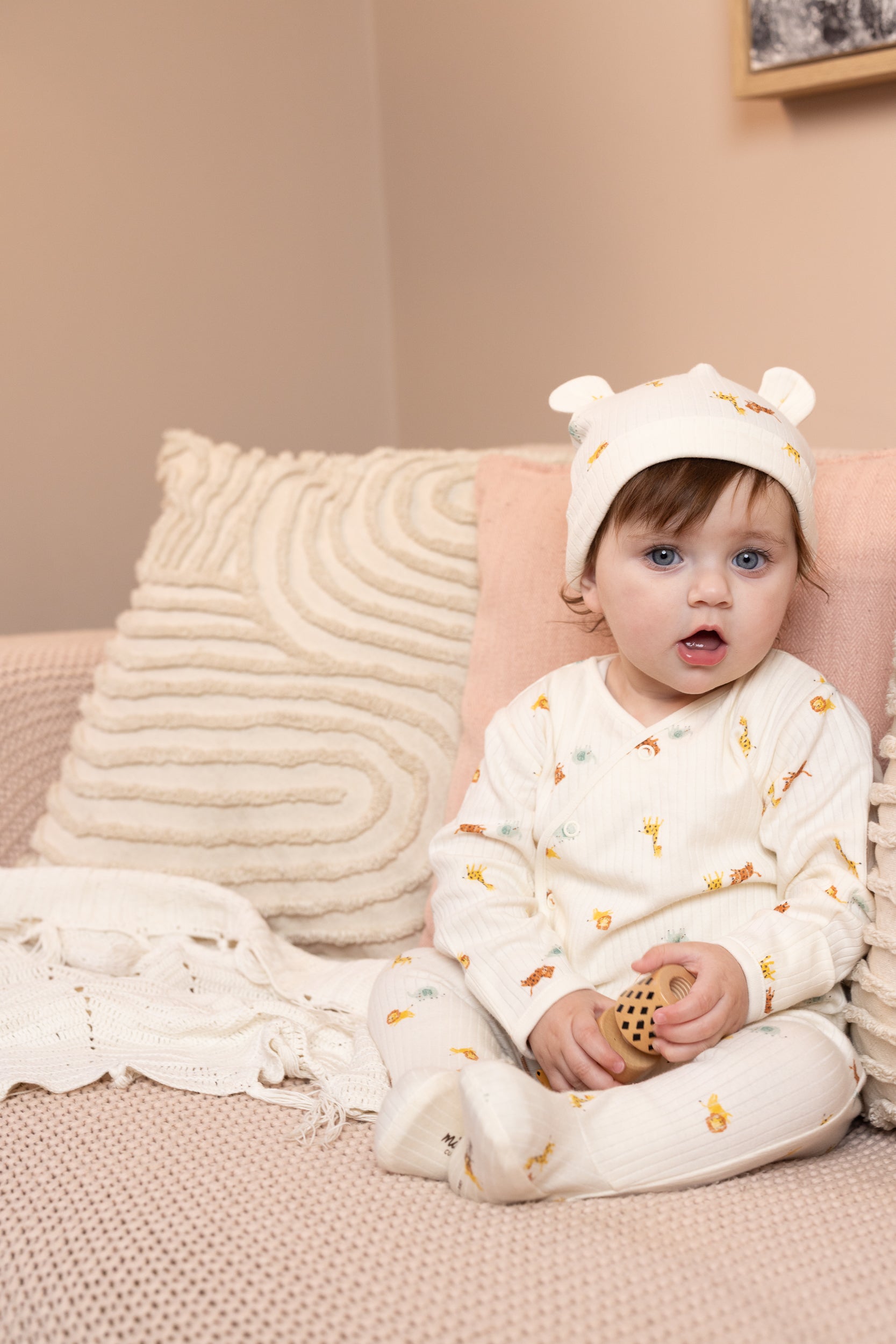 Baby Animal Print Sleepsuit with Cap and Blanket Gift Set, Off White and Yellow