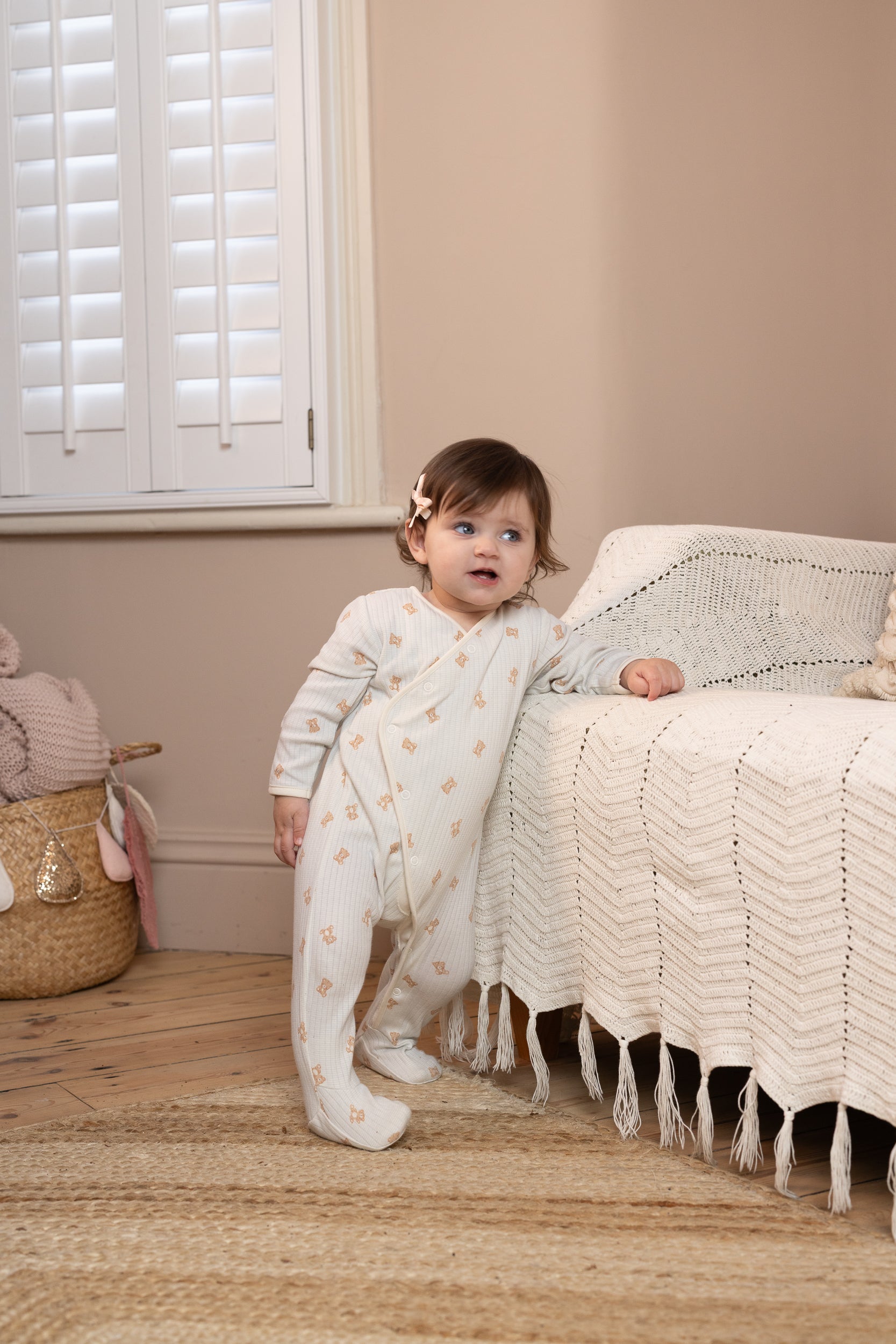 Baby Boys Teddy Print Sleepsuit with Cap and Blanket Set, Blue & Cream